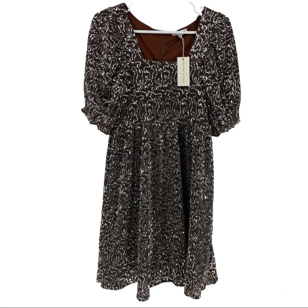 MOON RIVER NWT BROWN SILVER SEQUIN SHORT SLEEVE DRESS SMALL - Picture 2 of 9